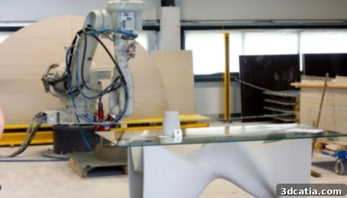 A 6-axis robotic arm precisely laying concrete layers to build a complex object.