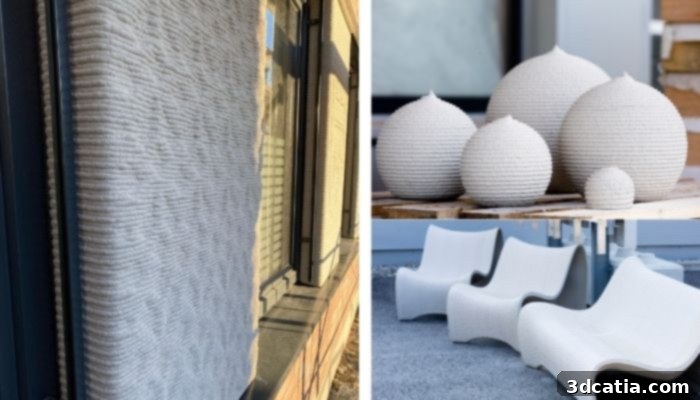 Diverse examples of concrete 3D printed objects and structures, showcasing varied applications.