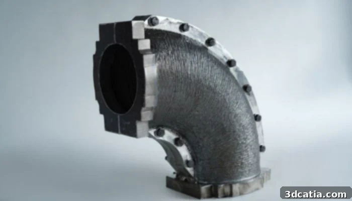 A 3D printed pipeline clamp manufactured using a hybrid Wire Arc Additive Manufacturing (WAAM) process, showcasing its complex structure and industrial application. Photo credits: MX3D.