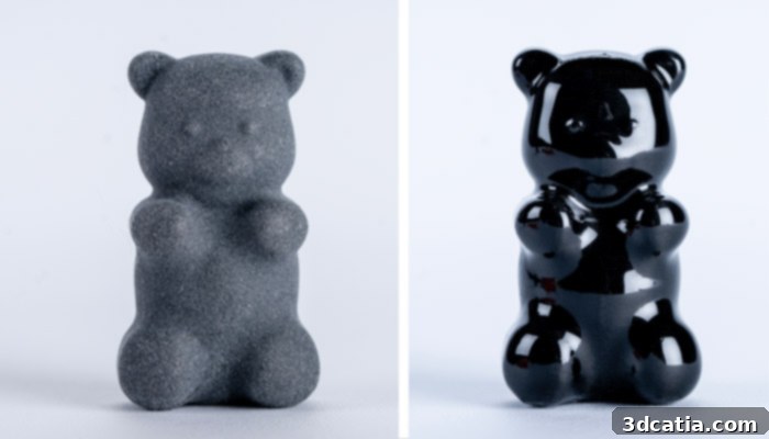 Before and after comparison of a 3D printed plastic part, illustrating the significant surface quality improvement achieved by the Metalizz Smoothit post-processing machine.
