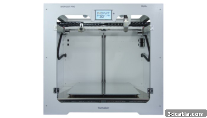 The Tumaker BIGFoot Pro Dual 3D Printer, prominently featuring its innovative dual extrusion system for both filaments and industrial pellets.