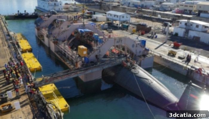 US Navy submarine receiving repairs, highlighting the need for efficient spare parts