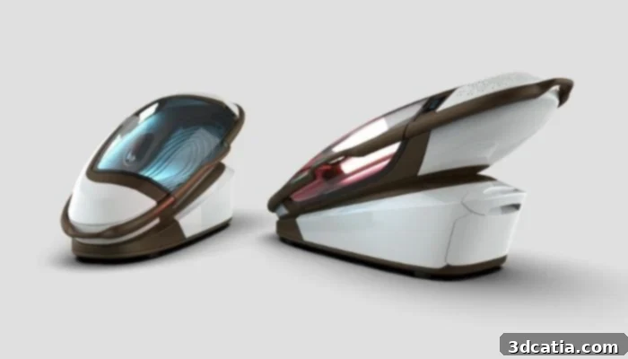 Sarco pod exterior view, sleek and futuristic design
