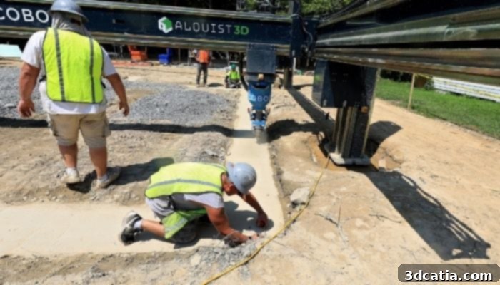 A 3D printed home under construction, showing concrete layers.