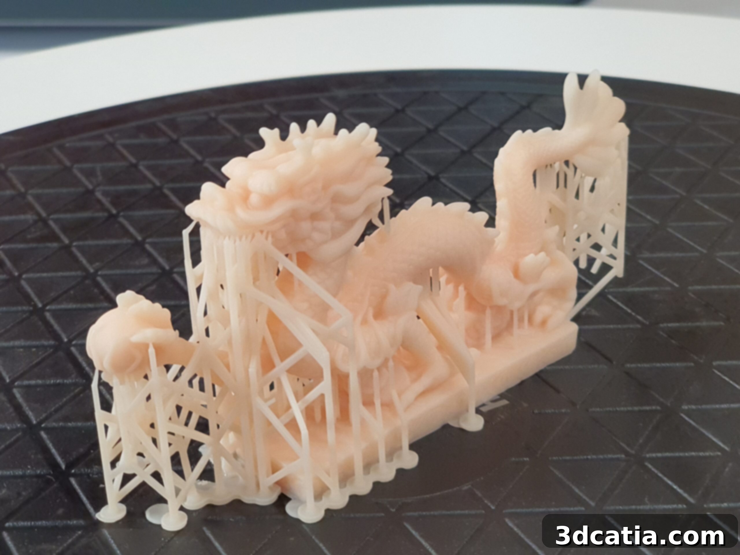Dragon model with intricate details successfully printed despite a slight layer shift.