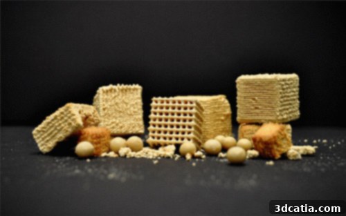 3D printed okara-based foods showcasing customized textures and shapes.