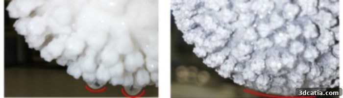 Comparison image showing a polymer virus model on the left and a more precise metal virus model printed by MetShape on the right, highlighting the superior detail and material properties of the metal version.