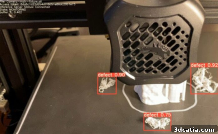 PrintWatch's machine learning model visualizes detected defects to ensure print quality.