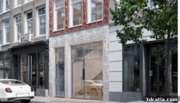 Architectural rendering of a 3D printed facade showcasing intricate, algorithmically designed ceramic elements that create a unique visual texture.