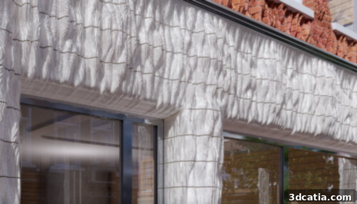 Close-up of a 3D printed facade featuring pearl white ceramic tiles on the ground level and intricately designed bricks in three shades of red on the upper floors, highlighting advanced textures and patterns.