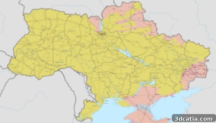 Map of Ukraine showing areas of Russian invasion and occupation.