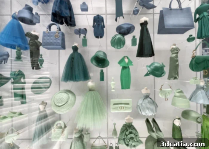 The grand staircase of the Dior Gallery decorated with 1,874 pieces, including 452 dresses, forming the DIORAMA display.