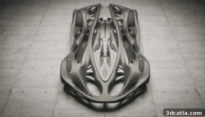 Ayoub Ahmad's HV-001 concept car showcasing its futuristic and organic design rendered for 3D printing.