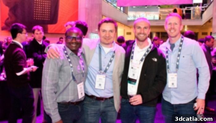Jordan Weston (second from right) and Sheku Kamara (left), past AMUG president and Dean of Applied Research at MSOE, with AM friends at the Tuesday-night offsite event