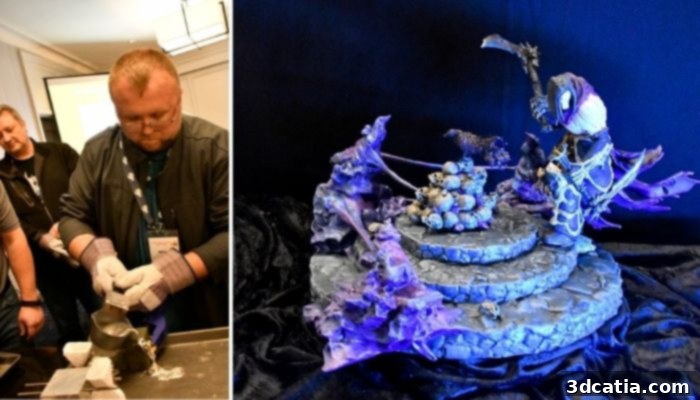 Left: One of several hands-on workshops features metal casting using 3D-printed molds; Right: Bill Braune’s (Dinsmore, Inc.) winning entry for the Advanced Finishing category of the 2021 AMUG Technical Competition