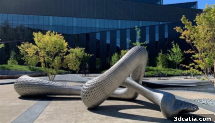The Oregon Dragon Bench, a monumental 3D printed metal sculpture by MX3D and Joris Laarman, majestically installed at the Nike World Headquarters in Beaverton, Oregon.
