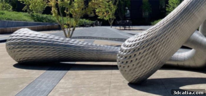 A detailed close-up view of the intricate 3D printed metal structure and fluid design of the Oregon Dragon Bench, highlighting its topological optimization.
