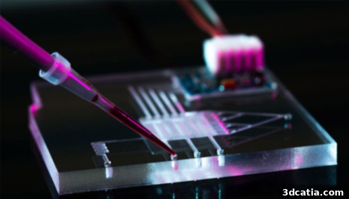 Microfluidic device demonstrating the precise manipulation of fluids at micrometer scale, a key component of advanced bioprinting