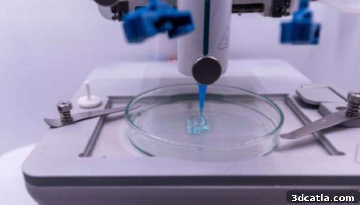 Image of a traditional extrusion bioprinter depositing bio-ink layer by layer, showing the common method for bioprinting