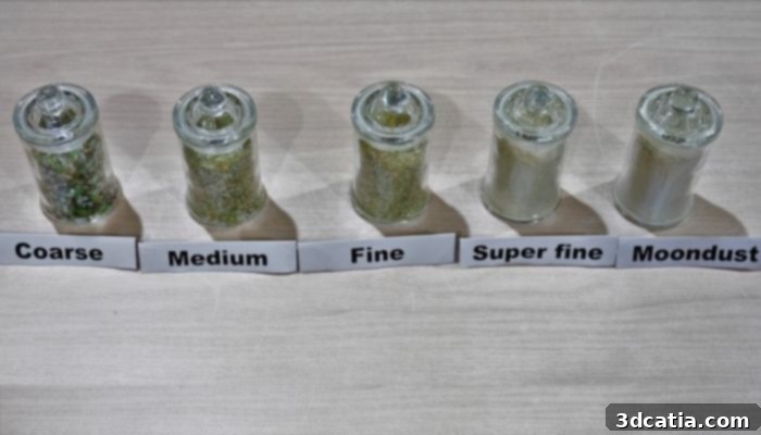 A detailed view of the components used in the innovative 3D printing mix, featuring recycled glass of various sizes, commercial cement, water, and specialized additives. This blend forms the basis for sustainable construction.