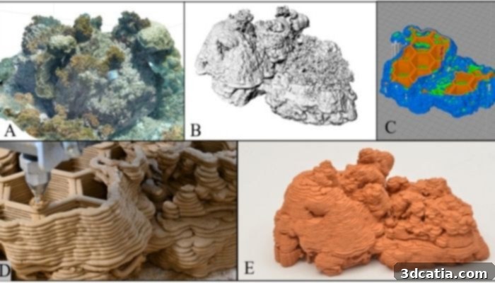 3D printed coral reef structure being deployed underwater