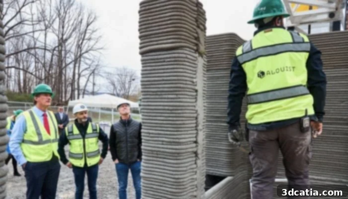 Alquist 3D to Build World's Largest 3D Printed Home Project in Virginia 2 Alquist 3D printed home exterior with a family enjoying the front yard