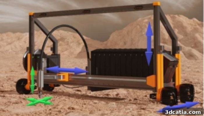 Artist's rendering of the Mobile Gantry 3D printer constructing a habitat on Mars, demonstrating its potential for future space colonization.