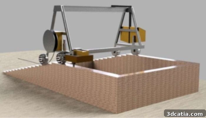 Detailed image illustrating the Mobile Gantry 3D printer's mechanism for moving along a self-printed surface, showcasing its autonomous construction capability.
