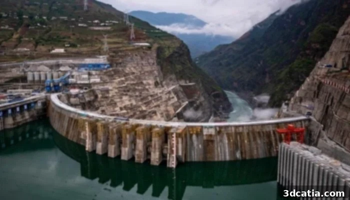 Architectural rendering of the Yangqu Dam under construction on the Tibetan Plateau, highlighting its massive scale. The image shows a detailed view of the dam structure, indicating its estimated total size of approximately 355 feet.