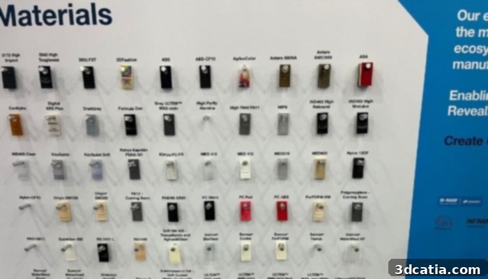 A diverse selection of advanced 3D printing materials displayed at RAPID + TCT 2022.
