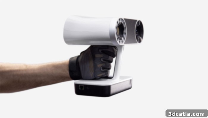 Artec Leo 3D scanner being used in a field, highlighting its portability for agricultural machinery. The scanner helps Agri Techni Concept improve harvests.