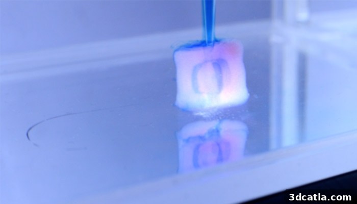 Volumetric resin 3D printing process showing object formation