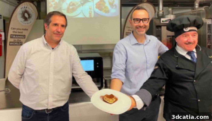 The organizers of the Tiramisù World Cup competition proudly showcase the meticulously crafted 3D printed tiramisu, symbolizing a fusion of culinary tradition and innovative technology.