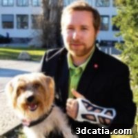 Tino Jacobi, CEO of Think3DDD, with his dog Kibo, highlighting the company's focus on animal health through 3D printing.
