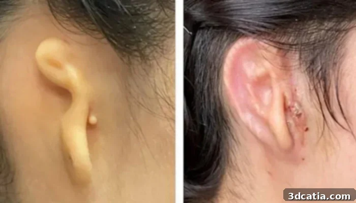 Patient before and 30 days after 3D bioprinted ear transplant.