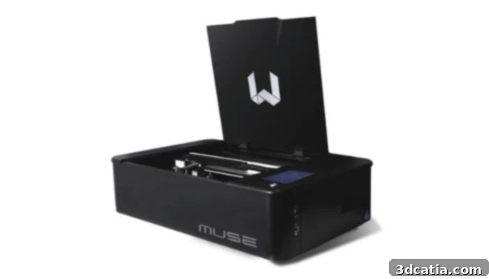 Full Spectrum Muse Desktop CO2 laser cutter, featuring a 3D camera for job preparation.