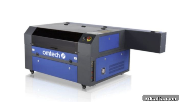 OMTech 100W CO2 Laser Engraver Cutting Machine, highlighting its robust build and control panel.