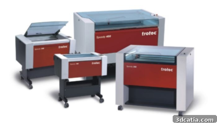 Trotec Speedy laser cutter, showcasing its dual-source Flexx technology.