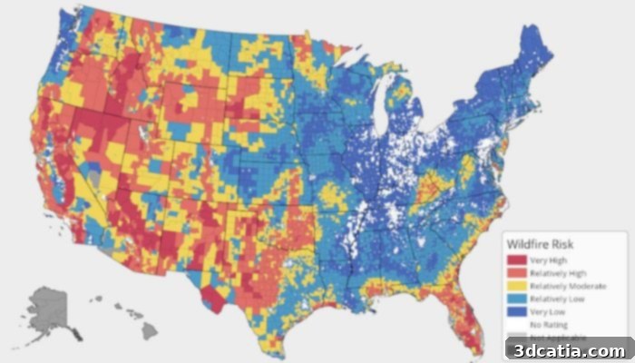 A map showing the areas with the highest risk of wildfires. Wildfires have increased over the years especially in dry areas like the West due to global warming.