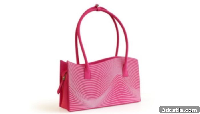 A 3D printed handbag showcasing intricate art graphics and geometric patterns, designed by Karim Rashid for the Stratasys Reflection Collection.
