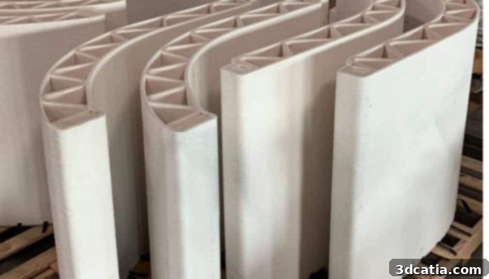 Renderings of 3D printed elements for sustainable homes in California's new eco-neighborhoods, showcasing the innovative construction techniques employed by Palari and SML Group.