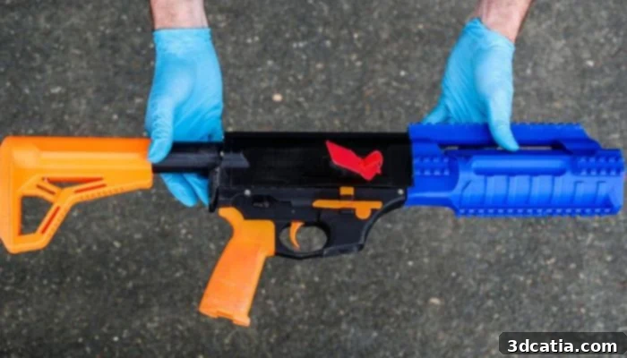 A 3D printed semi-automatic gun, appearing like a plastic toy, rests on a surface, highlighting its deceptive appearance.