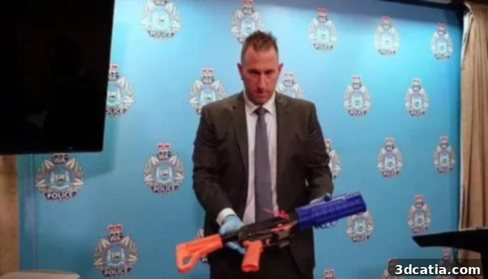 Detective Senior Sergeant Blair Smith stands next to the seized 3D printed gun, emphasizing the police's commitment to safety.