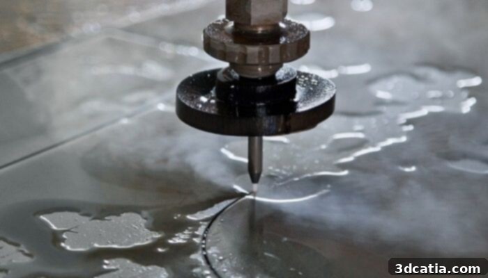 Close-up of a water jet cutting machine processing a sheet of material