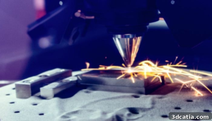 A metal component being repaired using Directed Energy Deposition (DED) 3D printing technology
