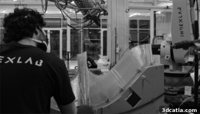 A 6-axis robotic arm used for 3D printing the New01bike frame, demonstrating advanced manufacturing.