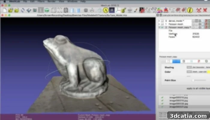 MeshLab interface showing a 3D model being repaired.