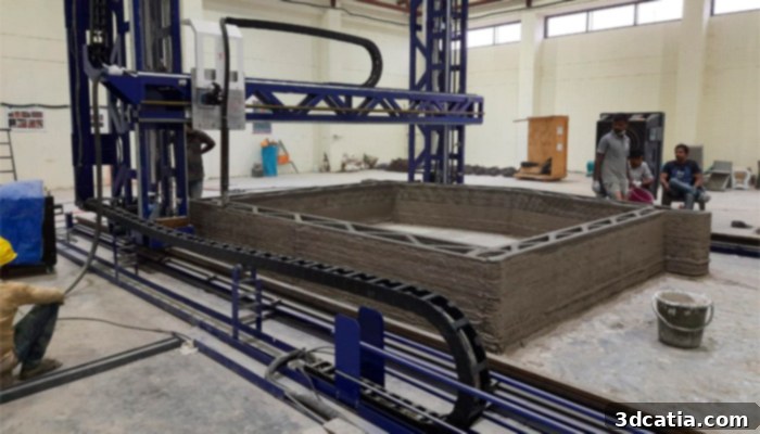 Close-up of MiCoB's 3D concrete printing nozzle depositing layers