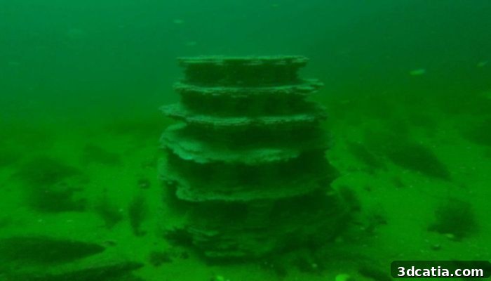 Underwater view of 3D printed reef structures supporting marine life in Kattegat.