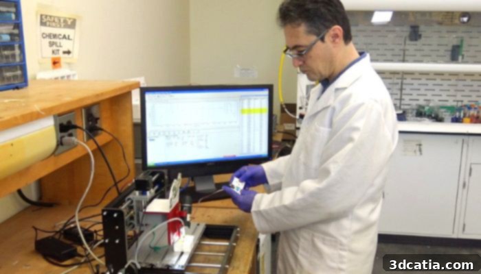 Professor Arash Takshi working in a lab, focused on a scientific apparatus, with a screen displaying data in the background.